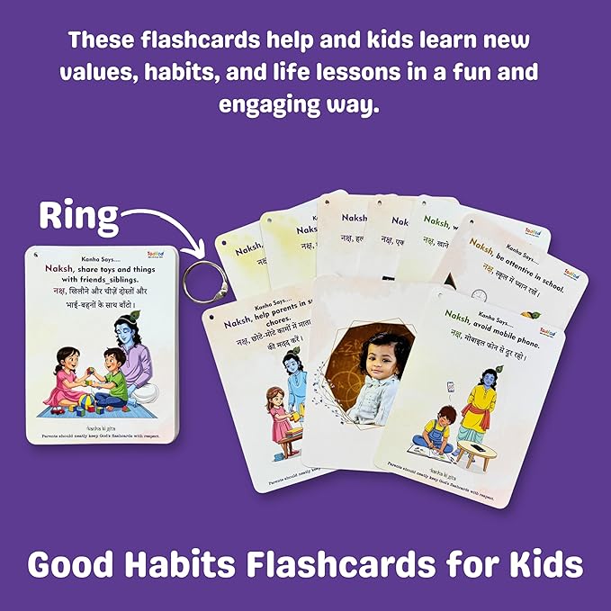 Set of flashcards for kids with illustrations and text on a purple background