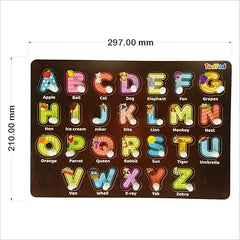 Colorful alphabet mat with cartoon illustrations and text on a brown background