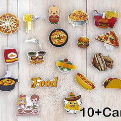 Collection of food-themed magnetic cards on a wooden surface