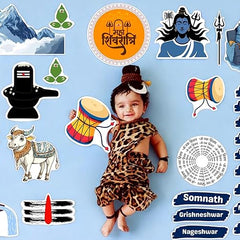 Child in leopard print outfit surrounded by Shiva-related illustrations and names on a blue background