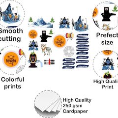 Collection of stickers with various designs on a white background, highlighting features like smooth cutting, prefect size, colorful prints, and high quality print.