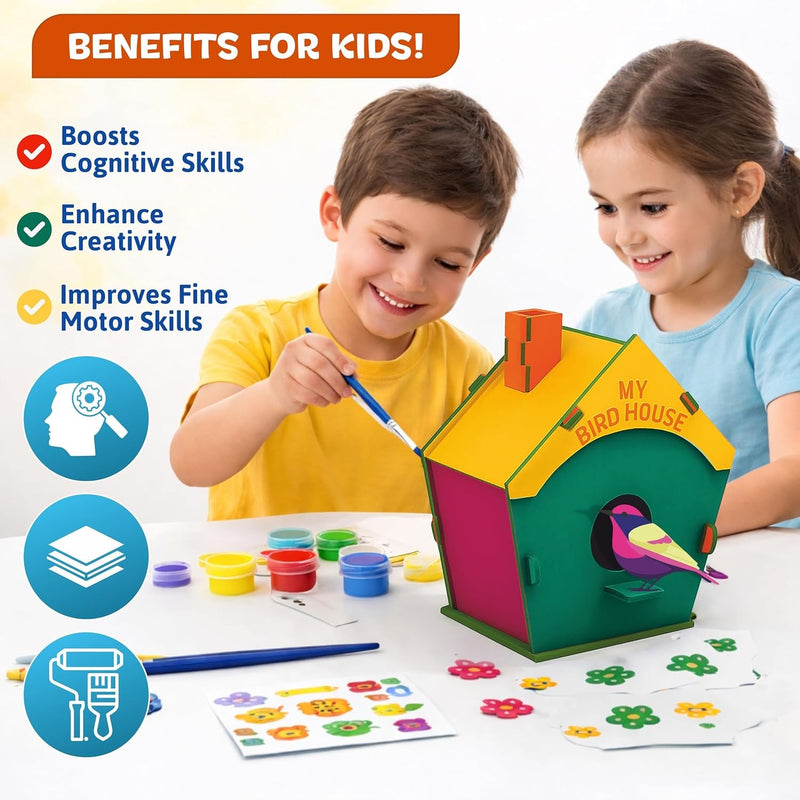 3D DIY Wooden Bird House Making Kit for Kids 8+ Years | Build Paint & Play Bird House Craft Kit with Pre-Cut Wooden Pieces, 6 Colours, Brush & Manual
