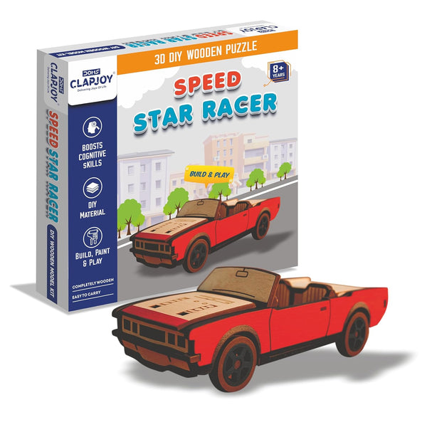 3D DIY Wooden Puzzle Speed Star Racer Car Kit for Kids | Build, Paint & Play Creative Wooden Model Making Kit with Water Color Pens, Tempera Paints & Brush | Educational STEM Craft Activity Toy | Age 8+