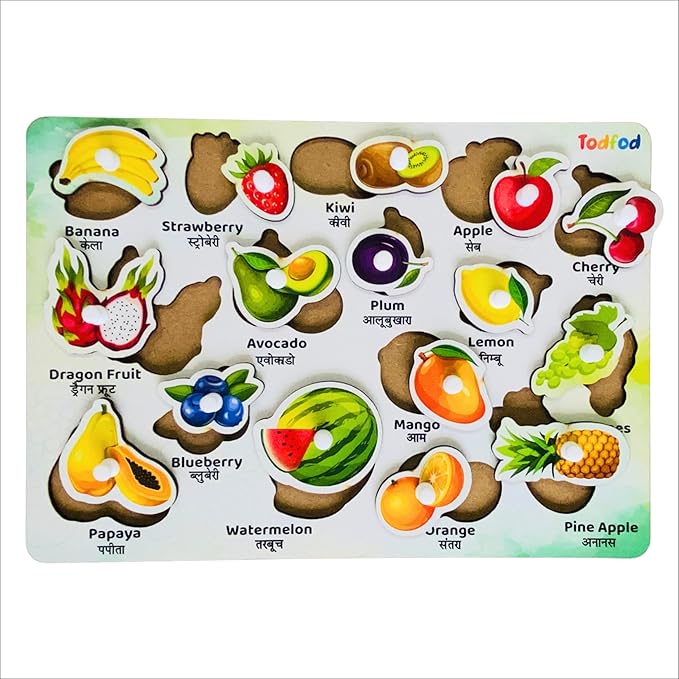 Fruit-themed educational puzzle with labels on a white background