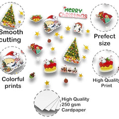 Collection of Christmas-themed cutouts with text highlighting features like smooth cutting, prefect size, colorful prints, and high-quality print on 250 gsm cardpaper.