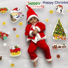 Child in Santa Claus outfit surrounded by Christmas-themed decorations on a light gray background