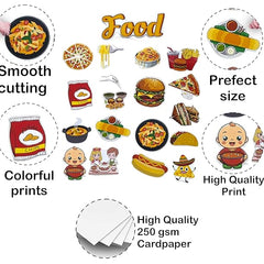 Illustrations of food items with text describing features on a white background