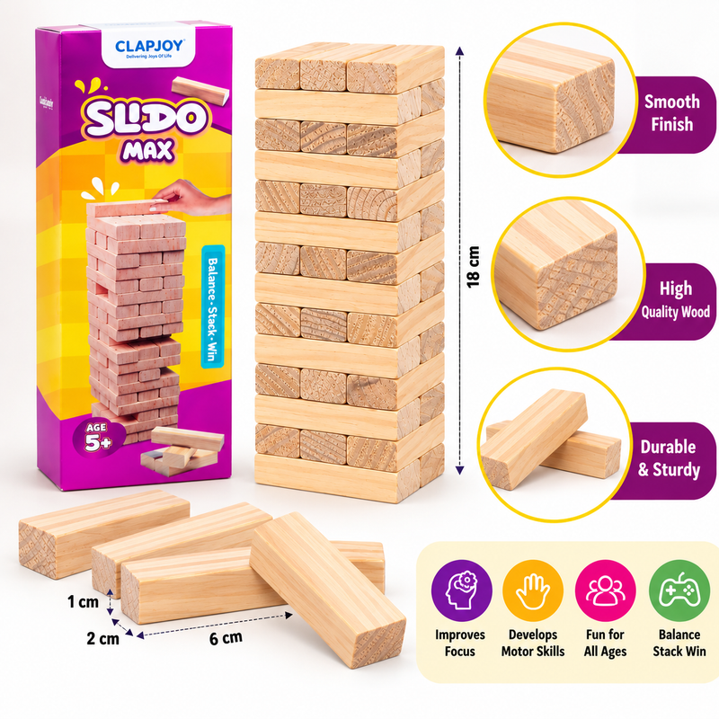 Slido Max Wooden Stacking Blocks Game for Kids & Adults | Premium Balance & Tumble Tower Game | Fine Motor Skills & Focus Development Toy (Ages 5+)