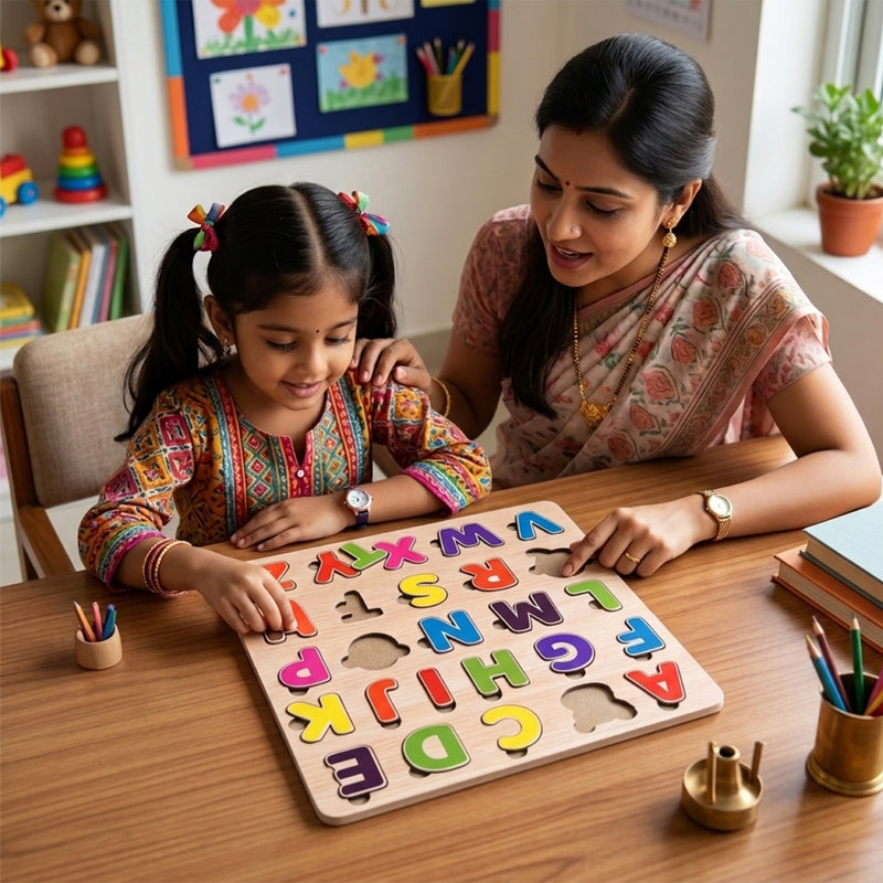 Todfod ABCD Wooden Alphabet Puzzle Board for Kids | A to Z Letter Matching Educational Toy | Montessori Wooden Learning Puzzle for Toddlers 2+ Years | Early Brain Development & Fine Motor Skills Toy