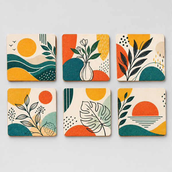 Todfod Abstract Nature Wooden Coasters Set of 6 – Square Tea & Coffee Cup Mats for Home, Office & Gifting