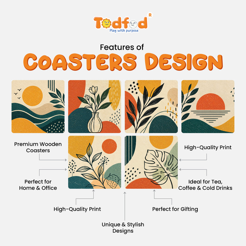Todfod Abstract Nature Wooden Coasters Set of 6 – Square Tea & Coffee Cup Mats for Home, Office & Gifting