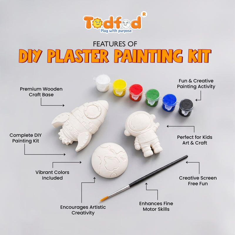 Todfod DIY Plaster Painting Kit for Kids | 3D Space Theme Rocket Astronaut Moon | 6 Colours and Paint Brush Included | Creative Art and Craft Activity