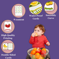 Child with a bowl of fruits and educational cards on a purple background