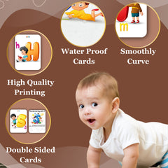 Baby crawling with educational cards and features highlighted on a brown background