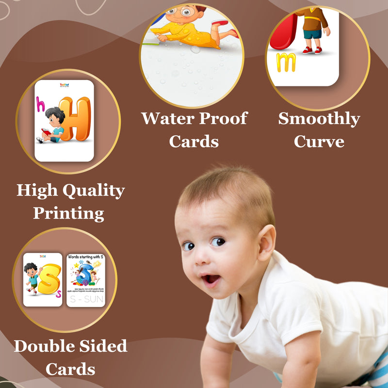 Baby crawling with educational cards and features highlighted on a brown background