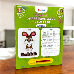 Todfod re-writable smart knowledge flash card with a rabbit illustration on a wooden surface.