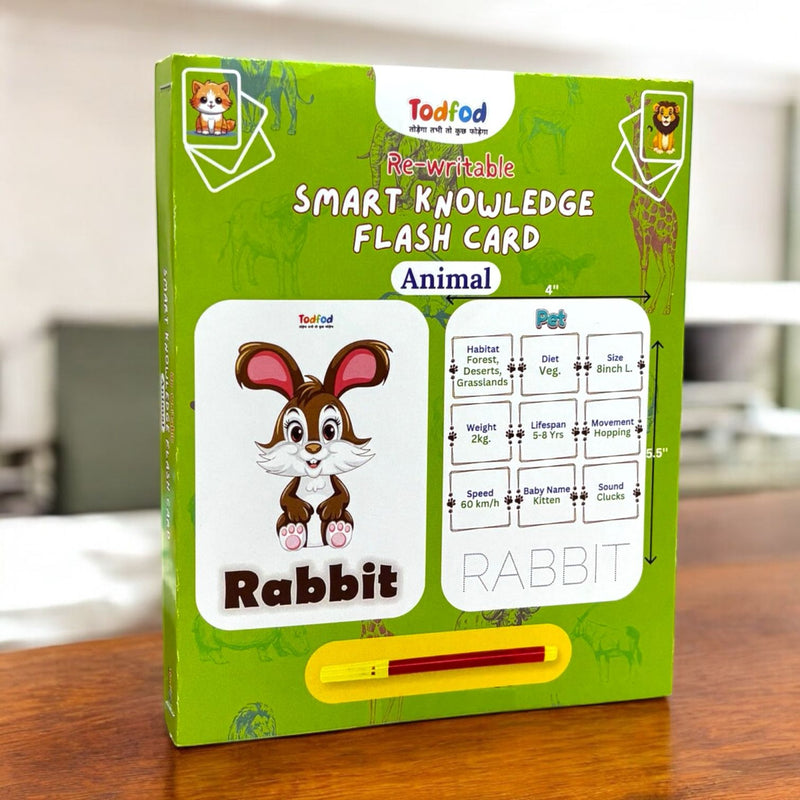Todfod re-writable smart knowledge flash card with a rabbit illustration on a wooden surface.