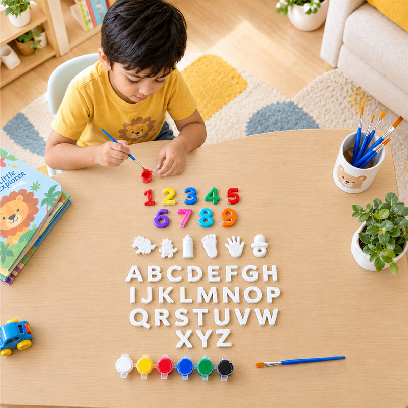 Todfod Alphabets and Numbers POP Plaster DIY Painting Kit for Kids | ABCD Letters, 1–9 Numbers and Fun Shapes with Paints and Brushes | Creative Educational Art and Craft Activity Set