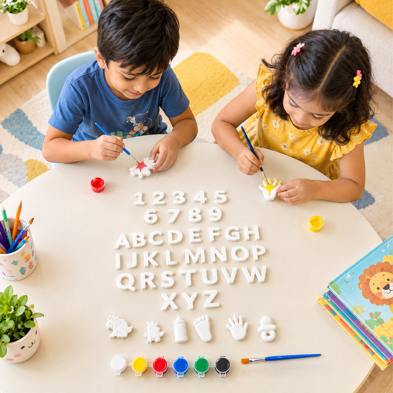 Todfod Alphabets and Numbers POP Plaster DIY Painting Kit for Kids | ABCD Letters, 1–9 Numbers and Fun Shapes with Paints and Brushes | Creative Educational Art and Craft Activity Set