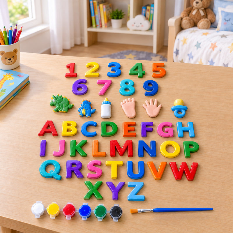 Todfod Alphabets and Numbers POP Plaster DIY Painting Kit for Kids | ABCD Letters, 1–9 Numbers and Fun Shapes with Paints and Brushes | Creative Educational Art and Craft Activity Set
