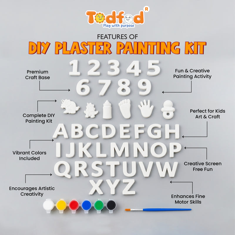 Todfod Alphabets and Numbers POP Plaster DIY Painting Kit for Kids | ABCD Letters, 1–9 Numbers and Fun Shapes with Paints and Brushes | Creative Educational Art and Craft Activity Set