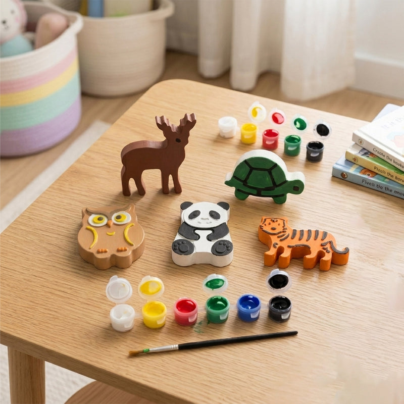 Todfod DIY Animal Painting Kit for Kids, Set of 5 White Animal Figures with 6 Paint Colors and Brush, Creative Art and Craft Activity