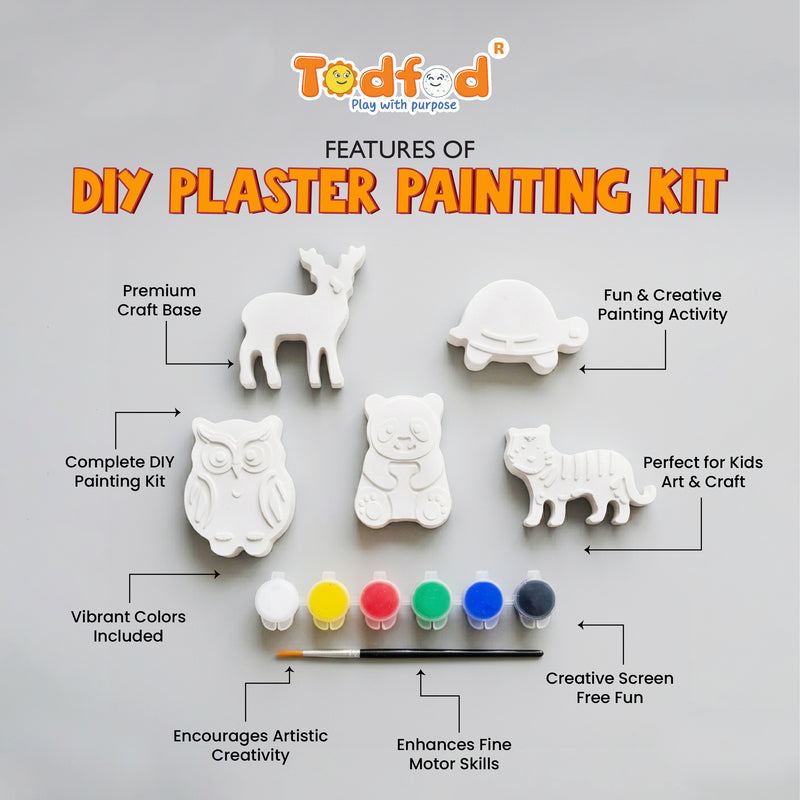 Todfod DIY Animal Painting Kit for Kids, Set of 5 White Animal Figures with 6 Paint Colors and Brush, Creative Art and Craft Activity