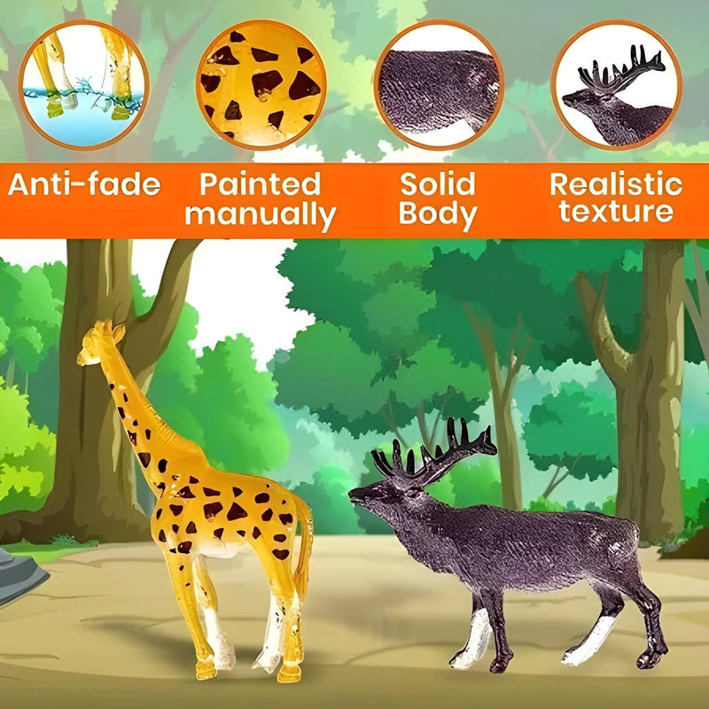 Two animal figurines, a giraffe and a moose, with text describing features like anti-fade, painted manually, solid body, and realistic texture.