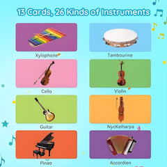 Illustrations of various musical instruments on colorful cards with a blue background.