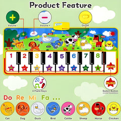 Children's piano mat with animal illustrations and musical keys on a green background