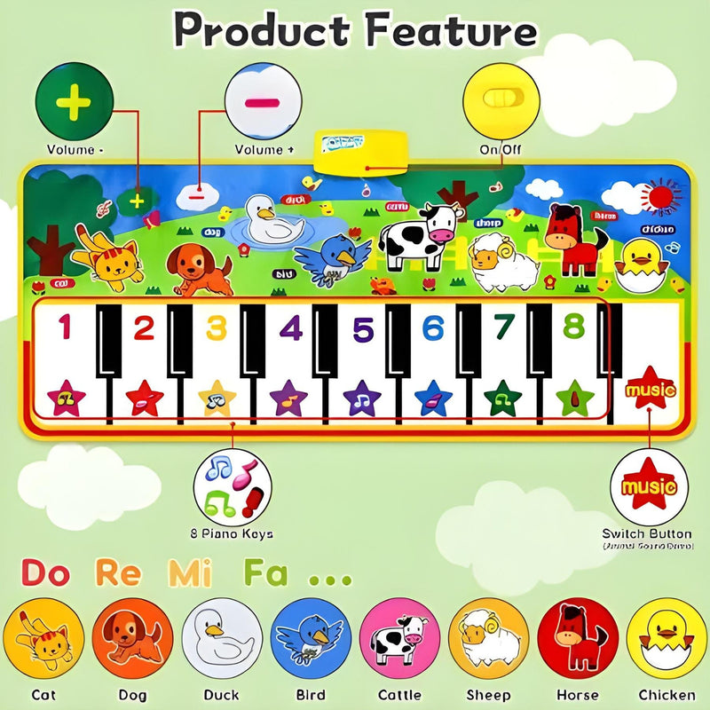 Children's piano mat with animal illustrations and musical keys on a green background
