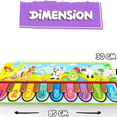 Colorful children's play mat with piano keys and animal illustrations, showing dimensions on a white background.