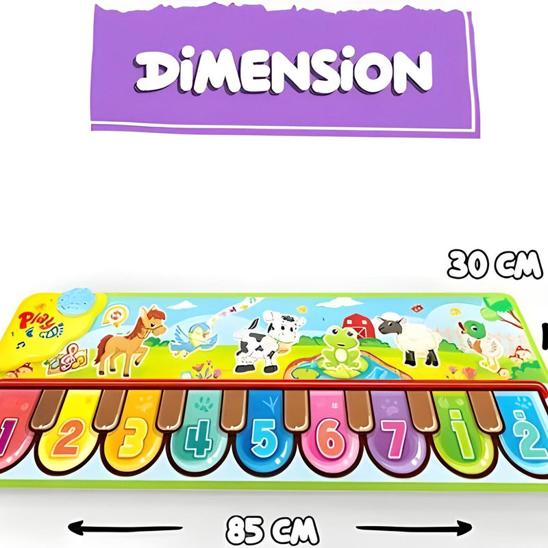 Colorful children's play mat with piano keys and animal illustrations, showing dimensions on a white background.
