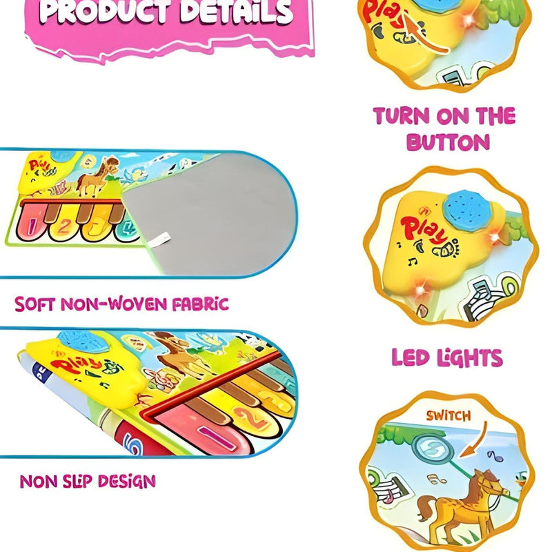 Product details of a children's toy with features like LED lights, animal sounds, and non-slip design.