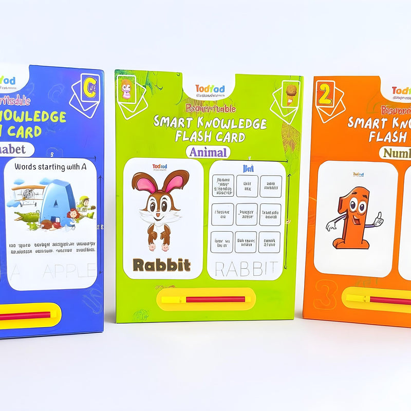 Three colorful flash card boxes with educational content on a white background