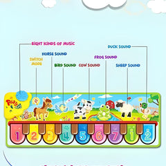 Colorful piano mat with animal illustrations and sound labels on a blue background