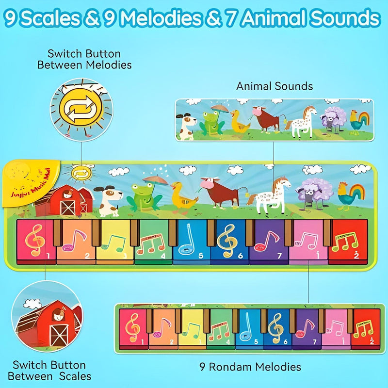 Children's toy piano with colorful keys and animal illustrations on a blue background