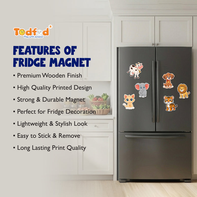 Todfod Animals Fridge Magnet Set of 6 | 3 Inch Cute Cartoon MDF Wood Magnets for Kids & Home Decor