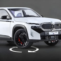 White SUV with black grille and red accents on a dark background
