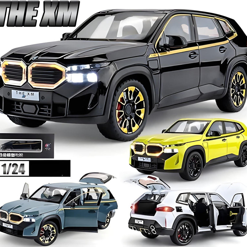 Model cars of BMW XM with different color options on a white background