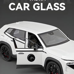 White car with open door on a gray background, featuring 'The XM Car Glass' text.