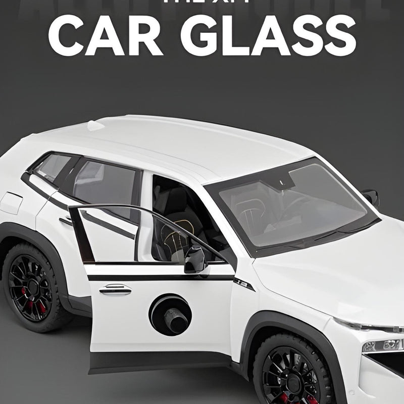 White car with open door on a gray background, featuring 'The XM Car Glass' text.