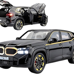 Black SUV model with open doors on a white background