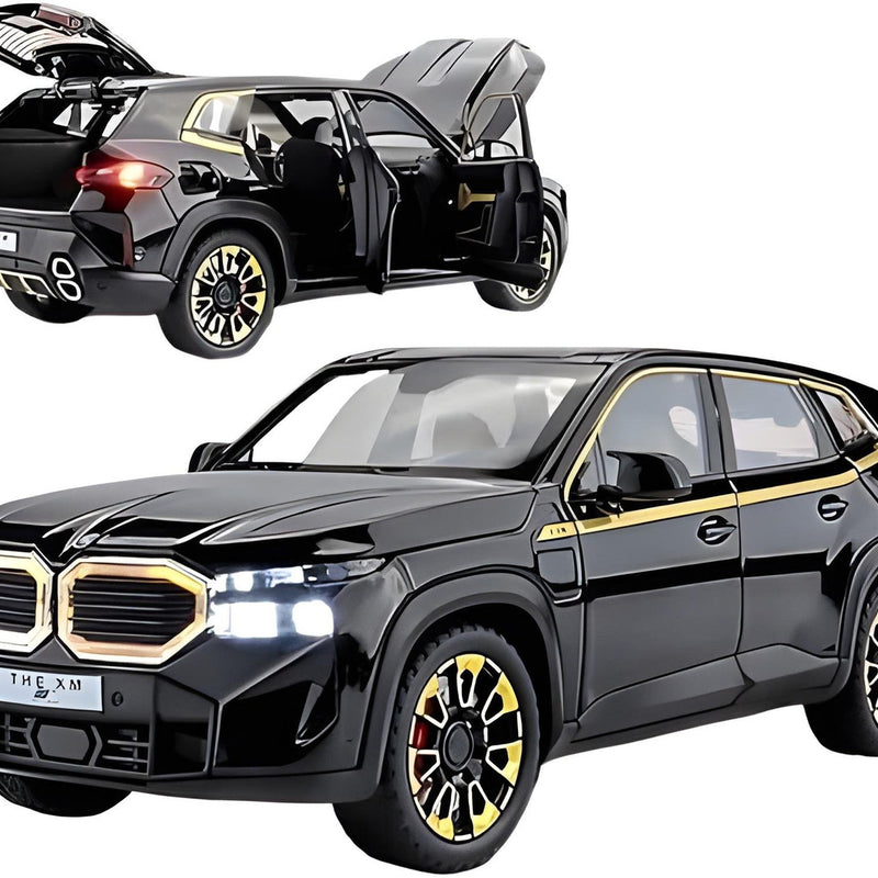 Black SUV model with open doors on a white background