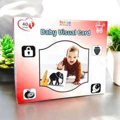 Baby visual card packaging with a child and elephant illustration on a light background