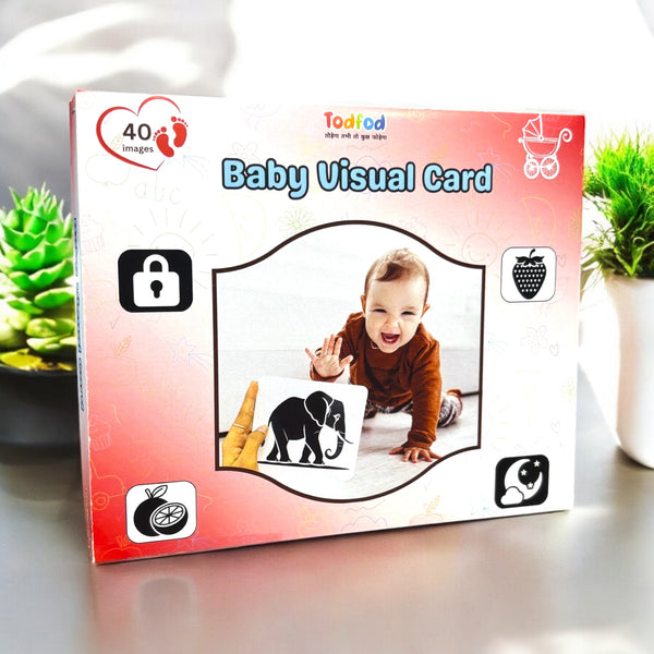 Baby visual card packaging with a child and elephant illustration on a light background