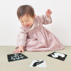 Child playing with educational cards featuring animal illustrations on a light surface.
