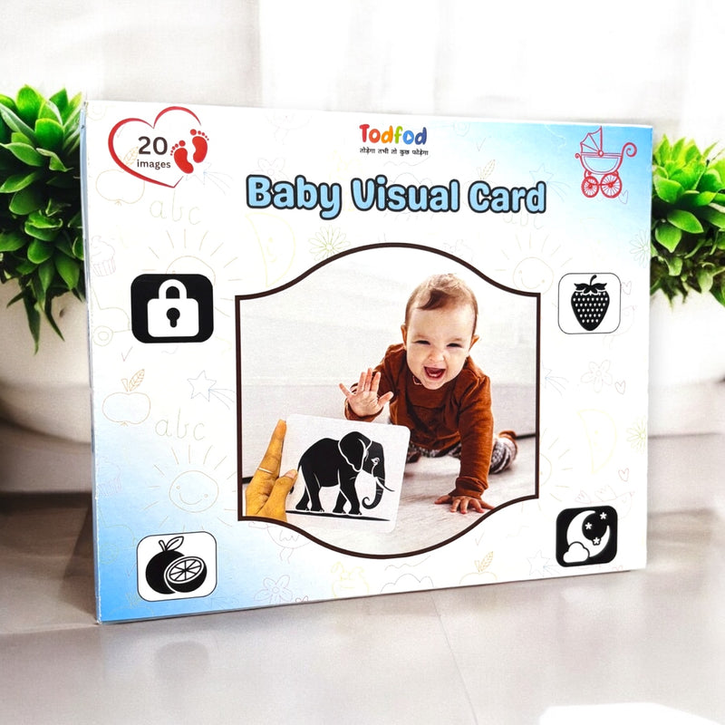 Baby Visual Card packaging with a child and elephant illustration, featuring Todfod branding.