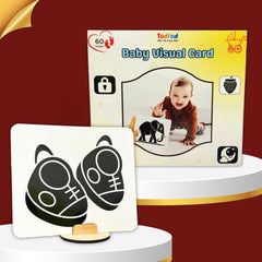 Baby visual card with a child on it and a card with black shoes illustration on a red background