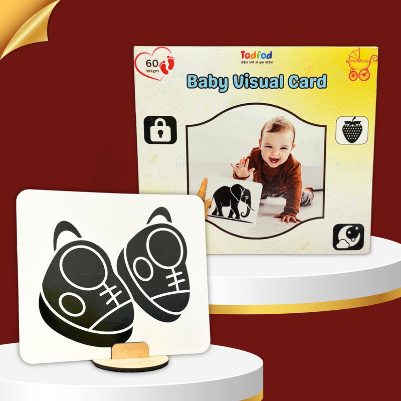 Baby visual card with a child on it and a card with black shoes illustration on a red background